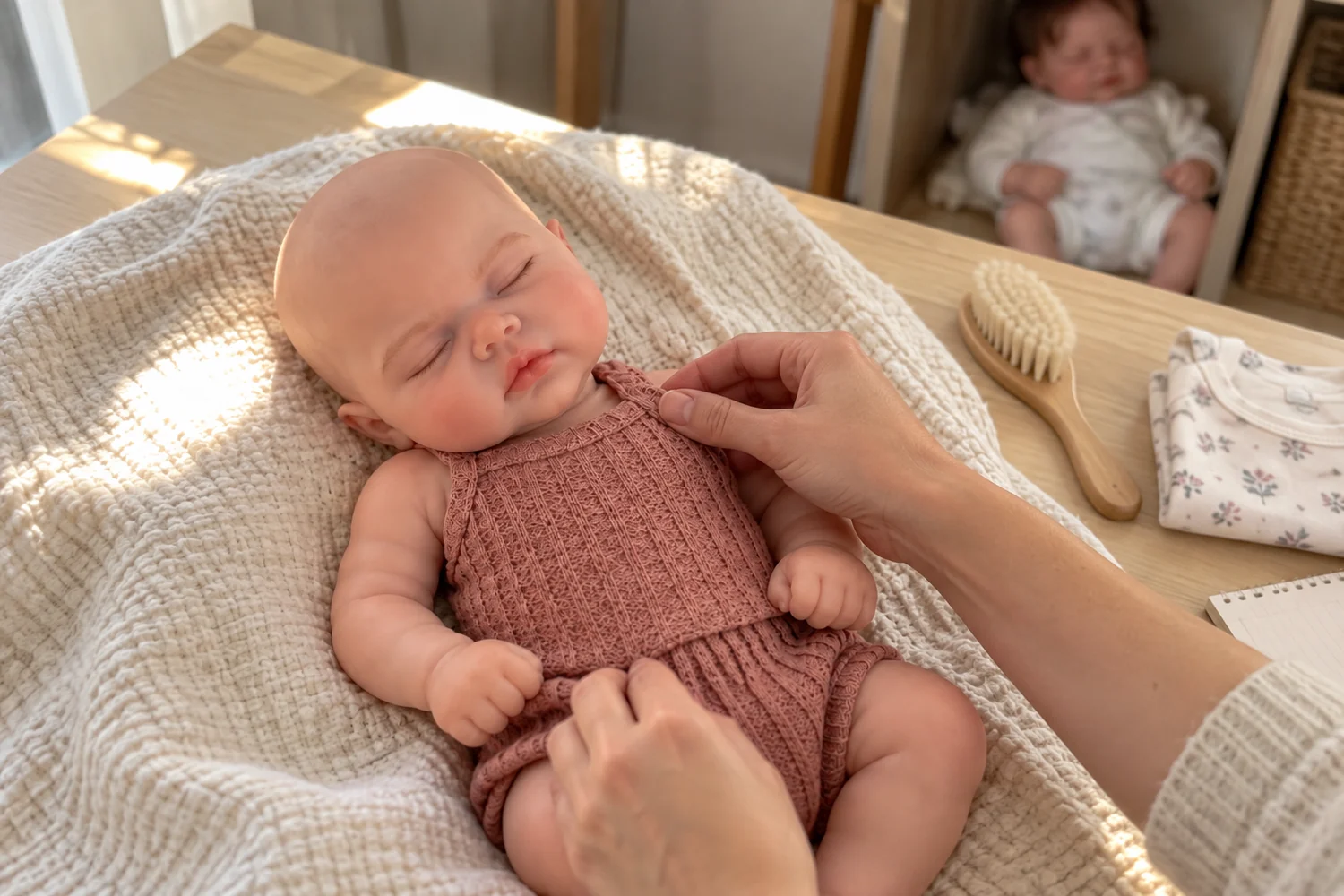 A reborn doll having its knitted outfit gently checked in a small-shop workspace