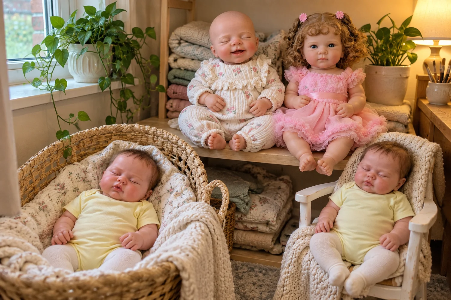 Reborn dolls arranged in a warm, small-shop workspace with shelves, blankets and plants