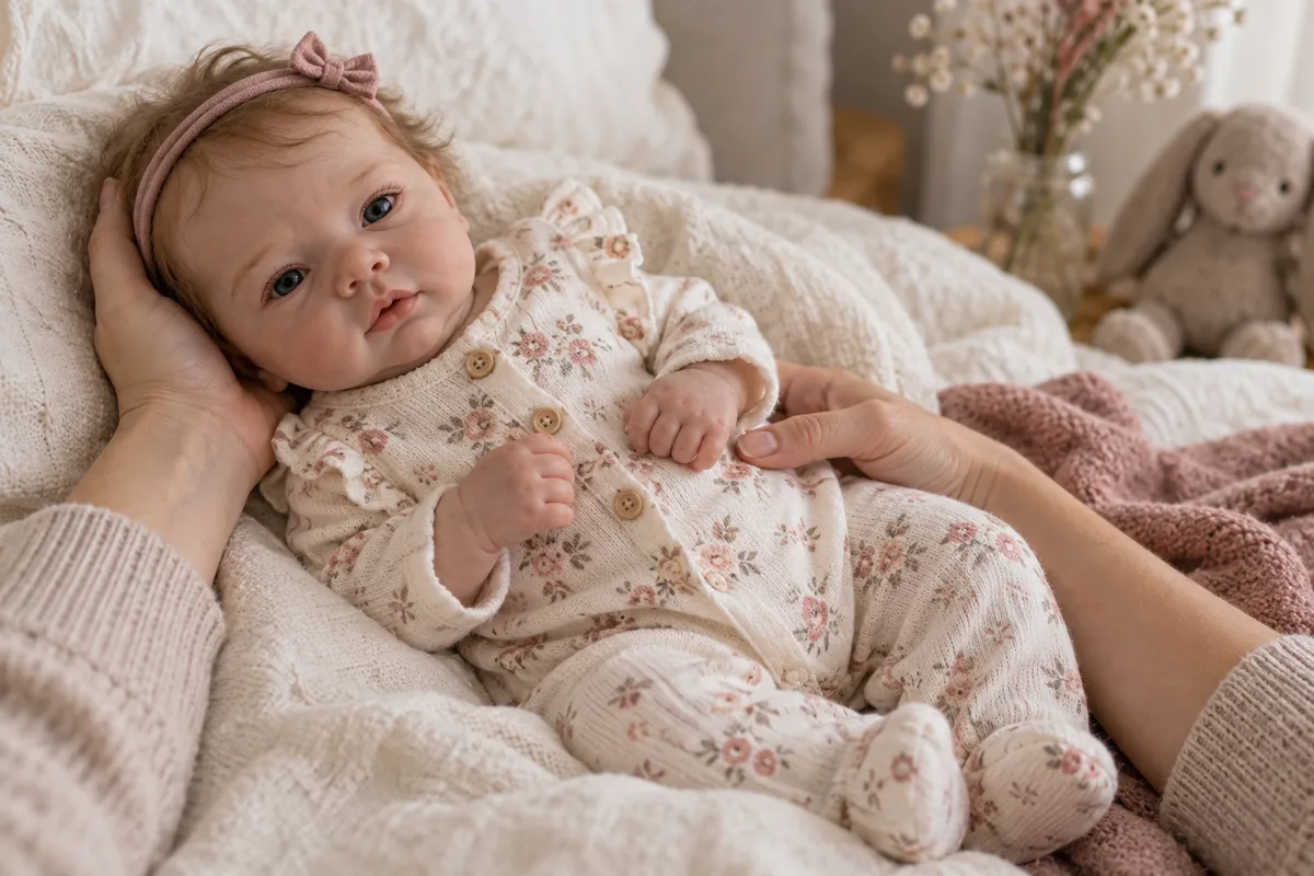 Adult hands supporting a clothed silicone collector doll on a blanket