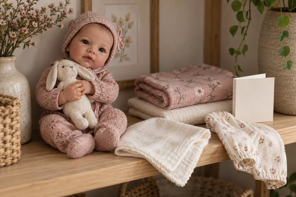 A soft cloth, folded light muslin and a care booklet on a wooden shelf
