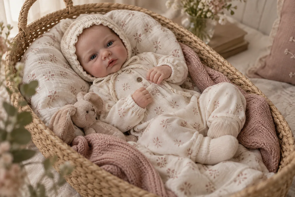 A clothed silicone collector doll resting in a wicker basket