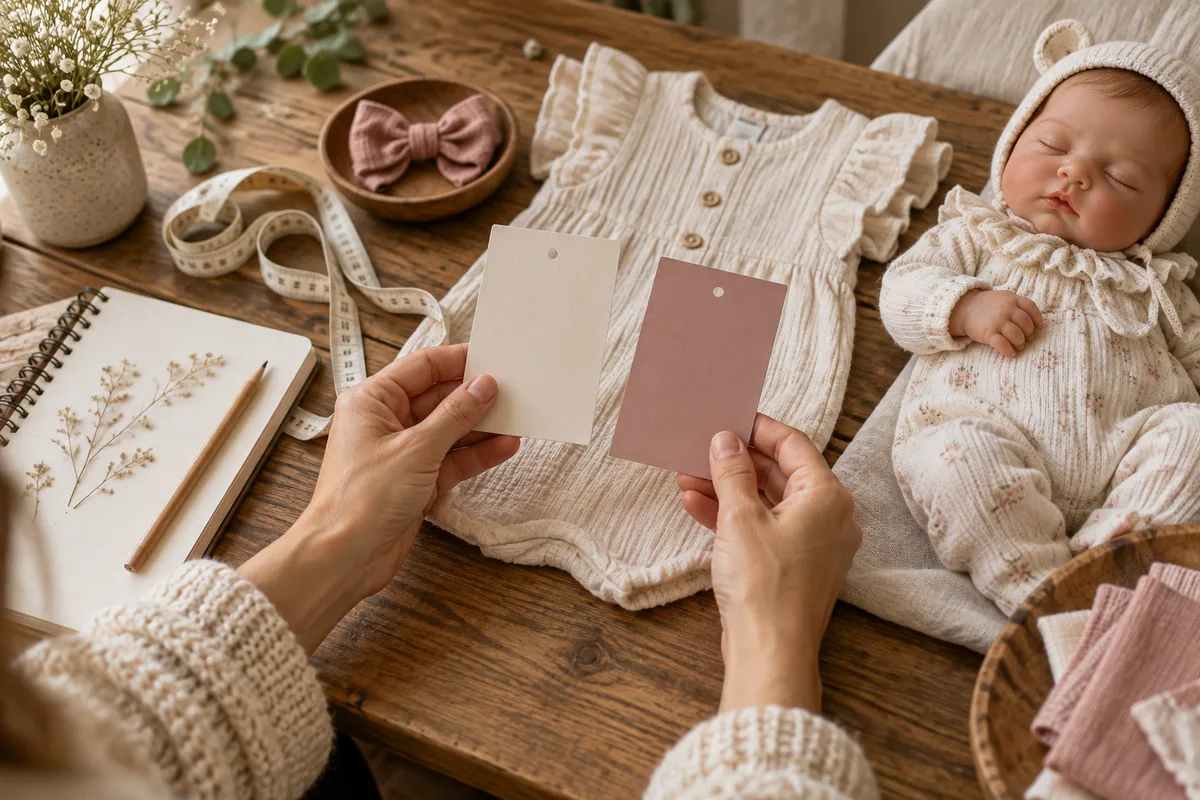 Product cards, a notebook and a measuring tape beside a baby outfit