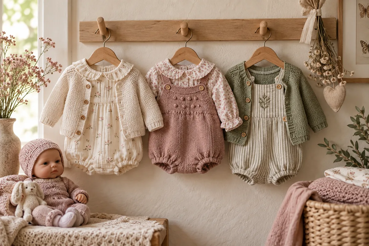 Pale baby outfits hanging from a wooden peg rail