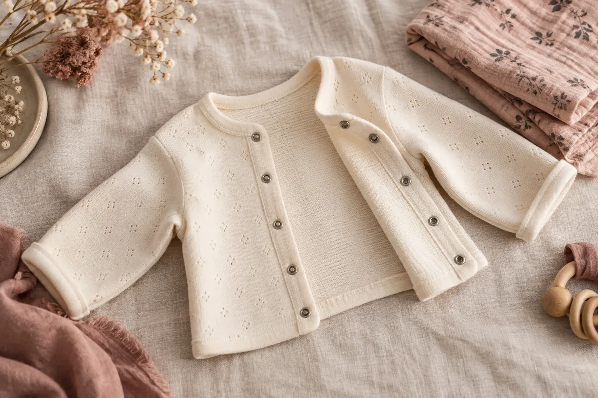 An open cream cardigan showing its sleeves and fastenings beside muslin