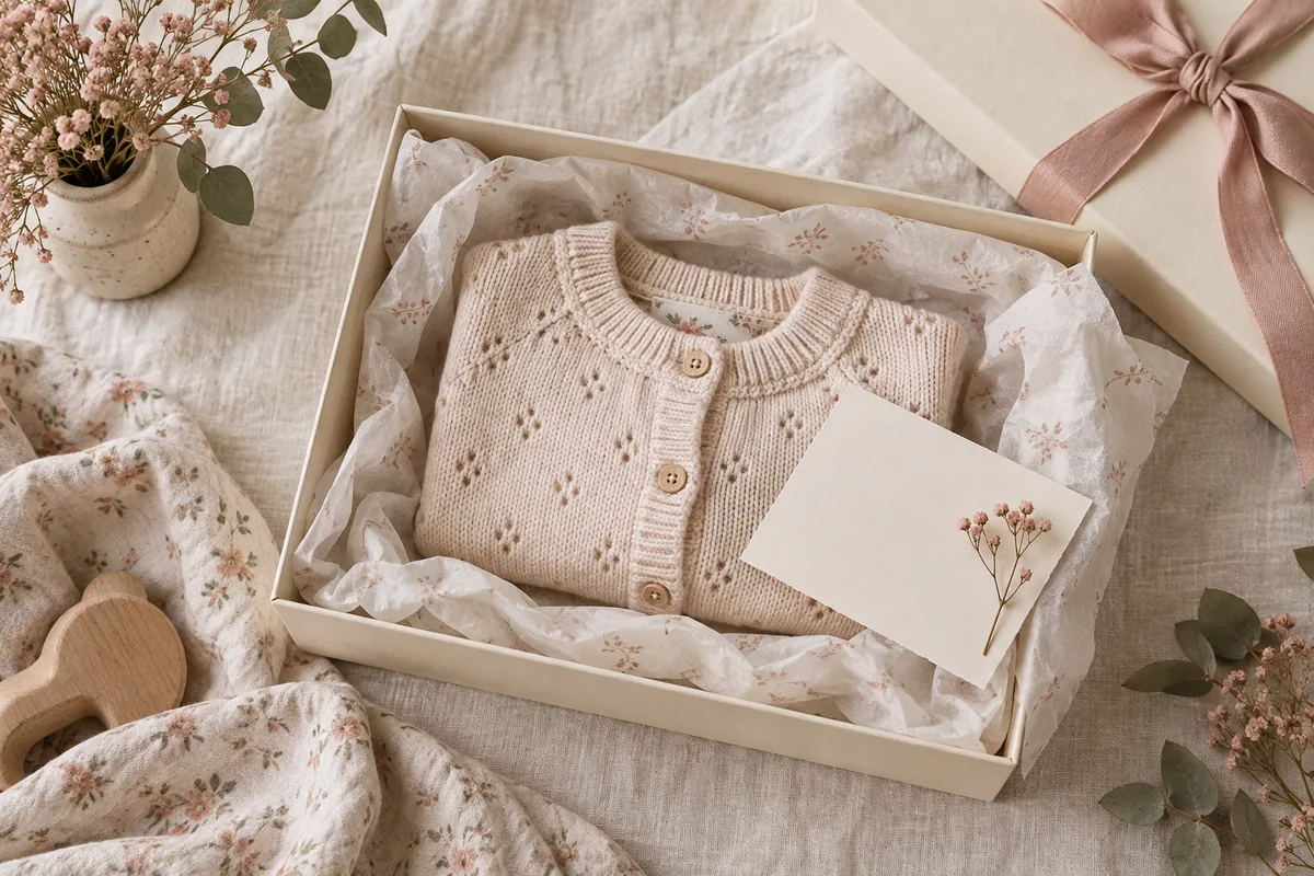 Open gift box with tissue, a folded cardigan and a blank note