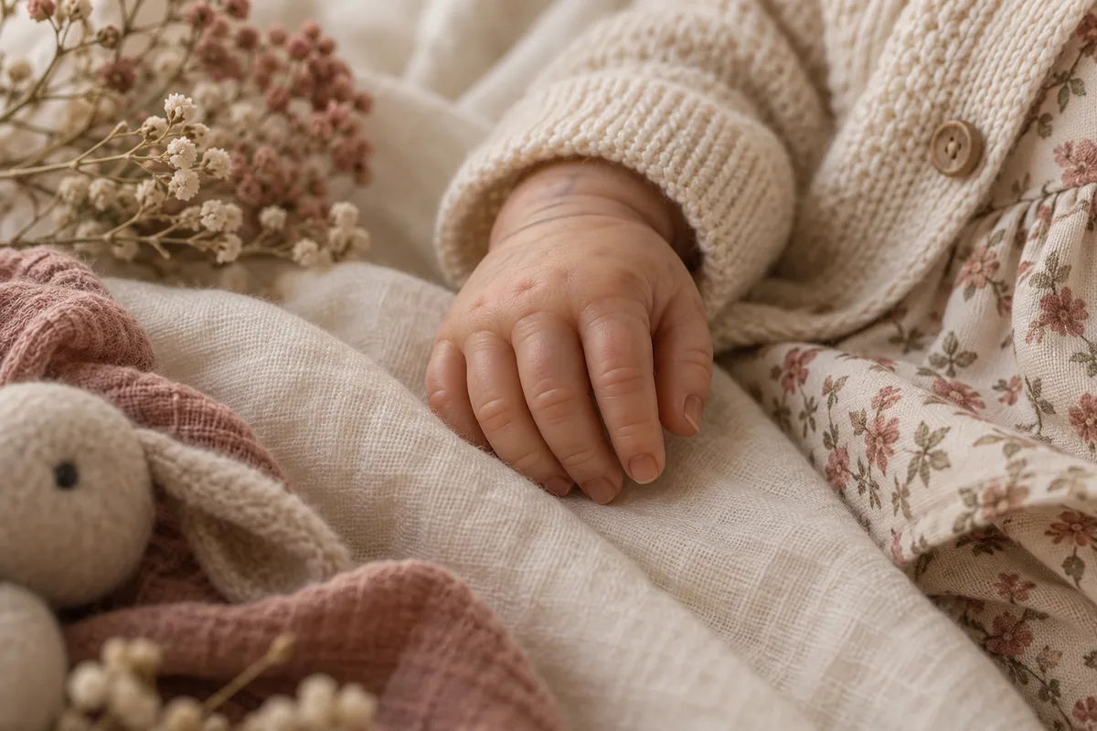 Close-up of a silicone collector doll’s sculpted hand on ivory muslin