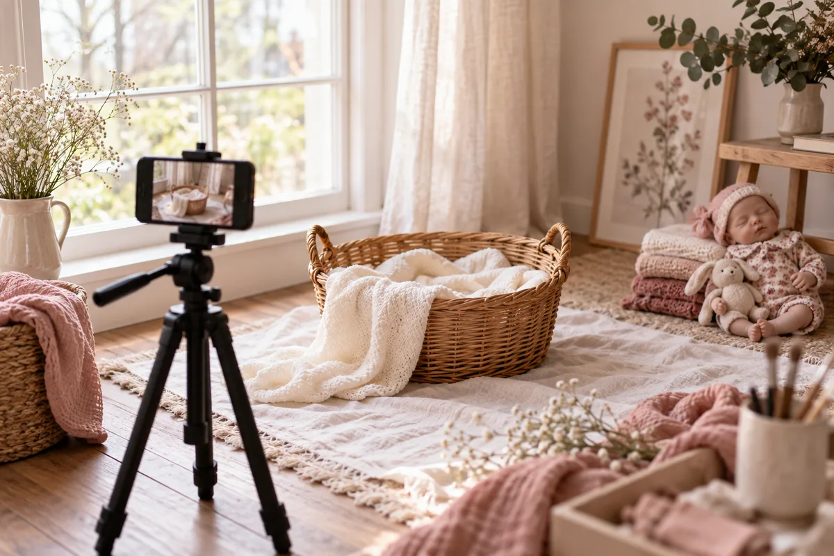 A phone tripod beside a blanket-lined basket near a window