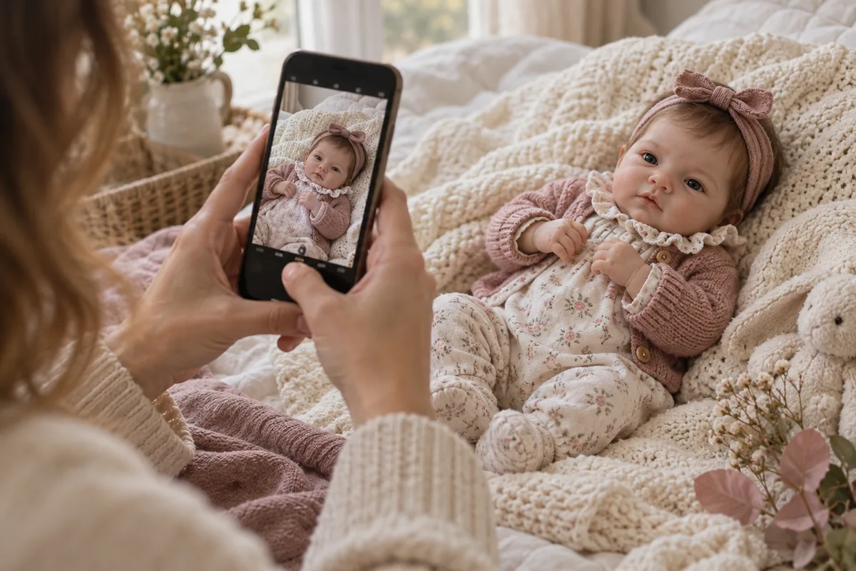 Adult hands using a phone to photograph a clothed collector doll