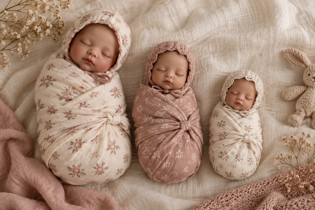 Three swaddled dolls arranged side by side to illustrate different sizes