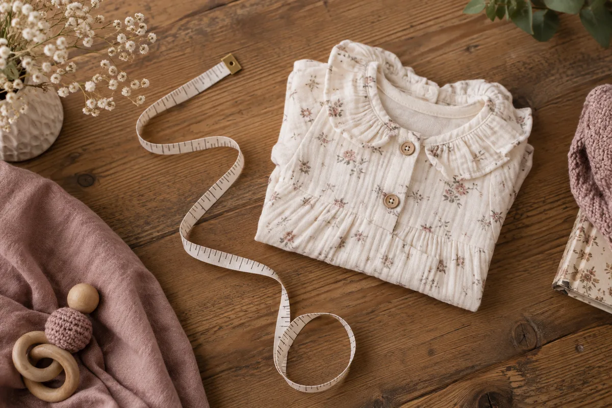 A tailor’s tape alongside a folded baby outfit