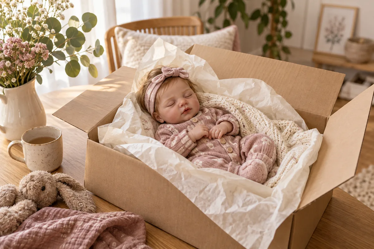 A clothed reborn doll resting in an open delivery box with cream tissue