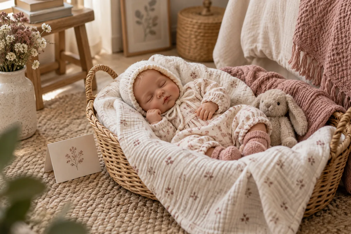A doll resting in a low wicker basket lined with a light blanket