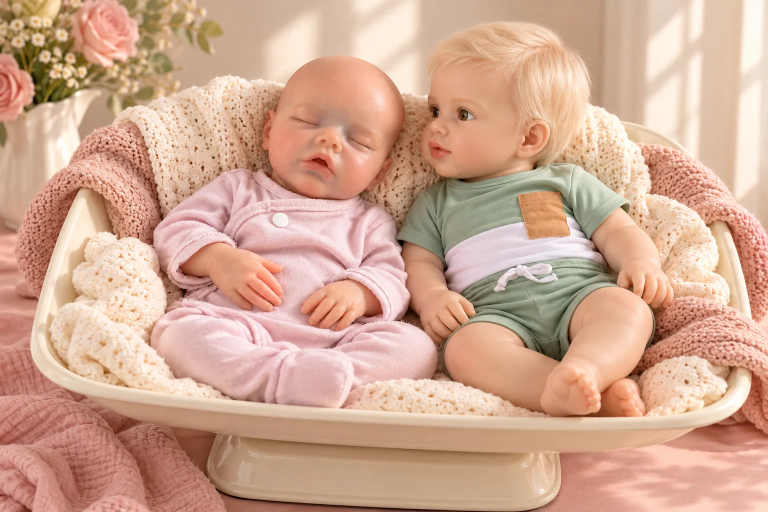 Grace and Finn reborn dolls in an illustrative setting for how heavy are reborn dolls? compare real sizes and weights