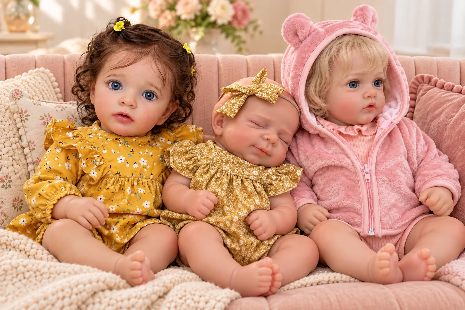 Matilda and Elsie and Heidi reborn dolls in an illustrative setting for how much do reborn dolls cost in the uk?