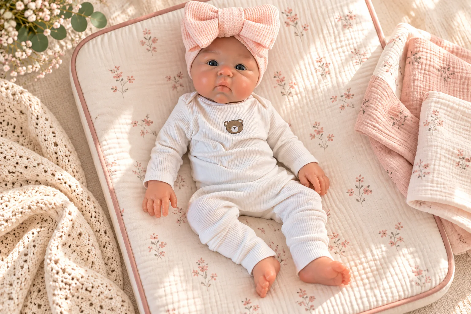 Willow reborn doll in an illustrative setting for newborn-size reborn dolls: compare 17, 18 and 20 inches
