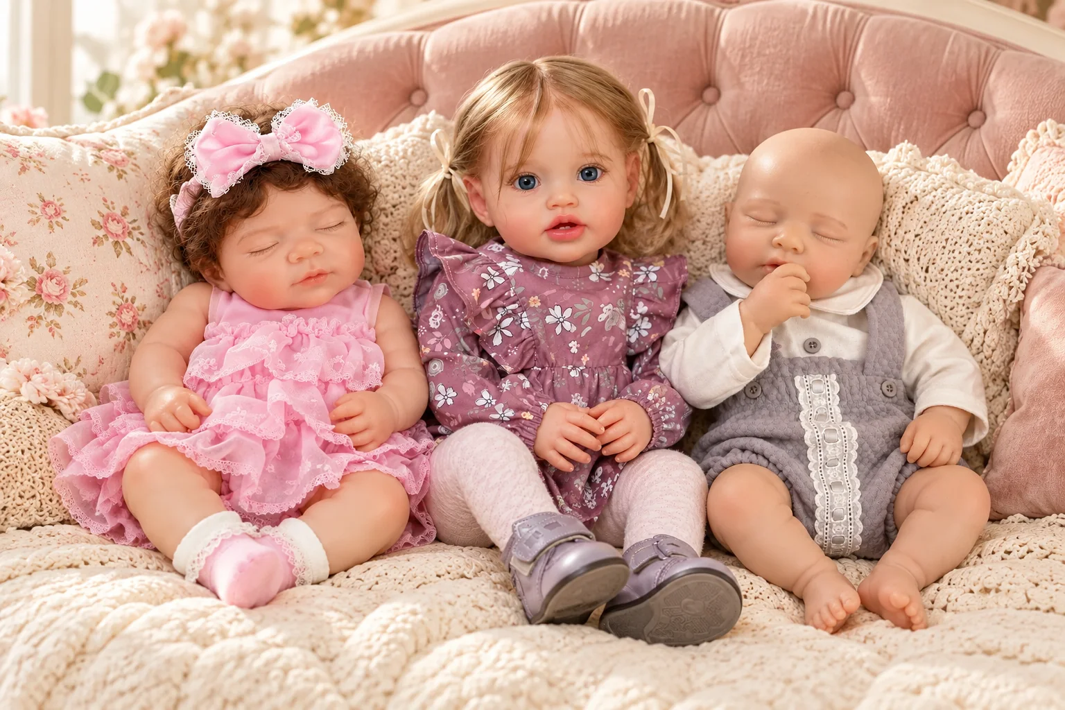 Mini Luna and Evie and Ottilie reborn dolls in an illustrative setting for reborn doll sizes explained