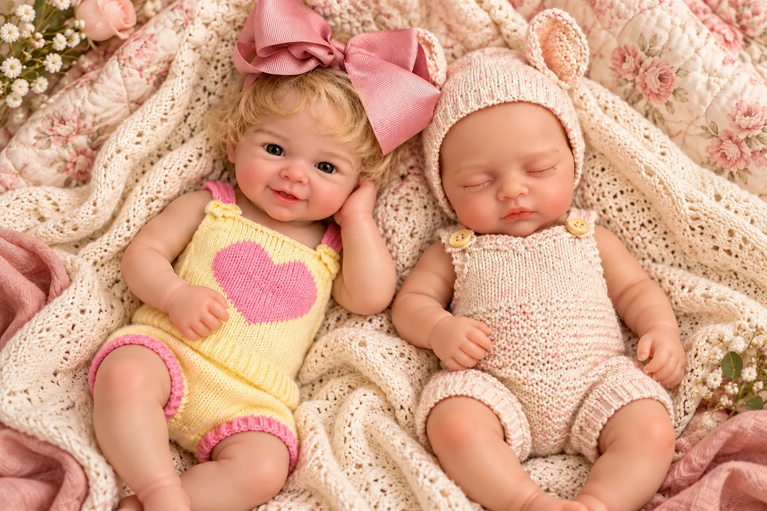 Clara and Ruby reborn dolls in an illustrative setting for sleeping vs awake reborn dolls: choosing an expression