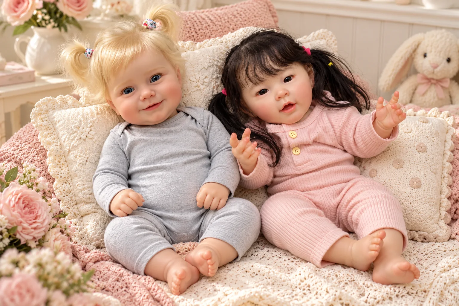 Beatrice and Annie reborn dolls in an illustrative setting for vinyl vs cloth-body reborn dolls: compare the torso and feel