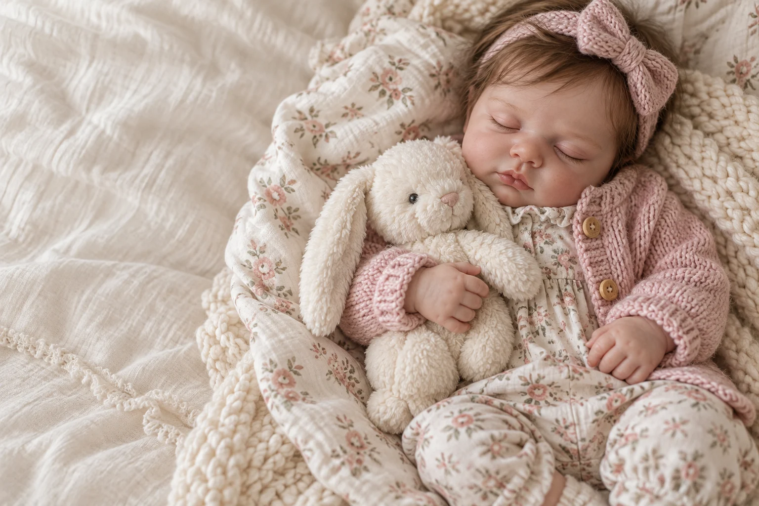 A reborn doll in a pink knitted cardigan resting with a soft rabbit